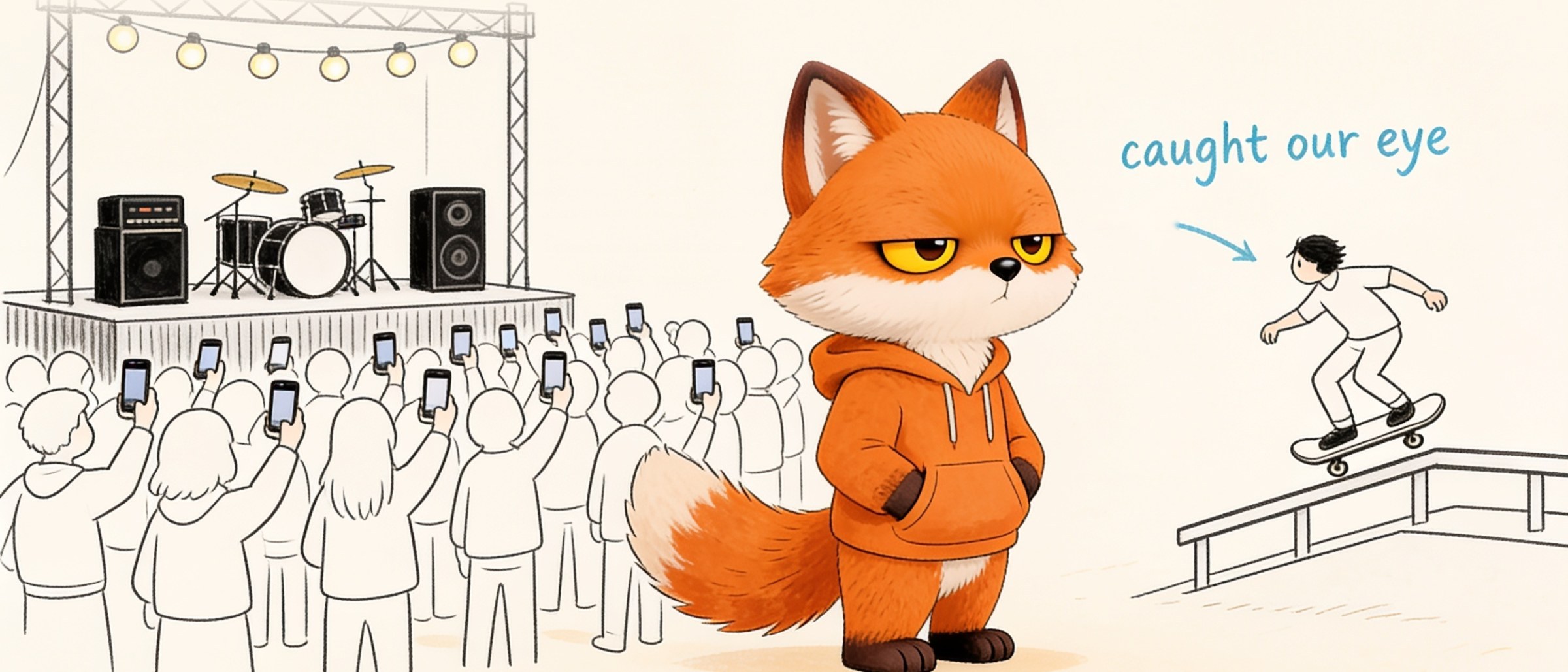 A crowd at a gig all hold their phones up to film the stage. The fox stands among them facing the other way, watching a lone skateboarder do a trick on a rail