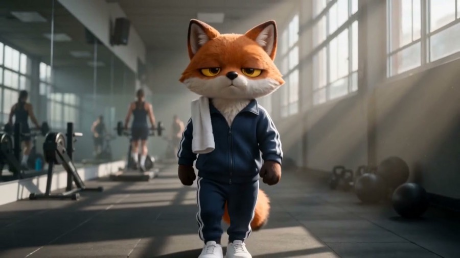 The original still: Paul's fox in a navy tracksuit walking through a gym