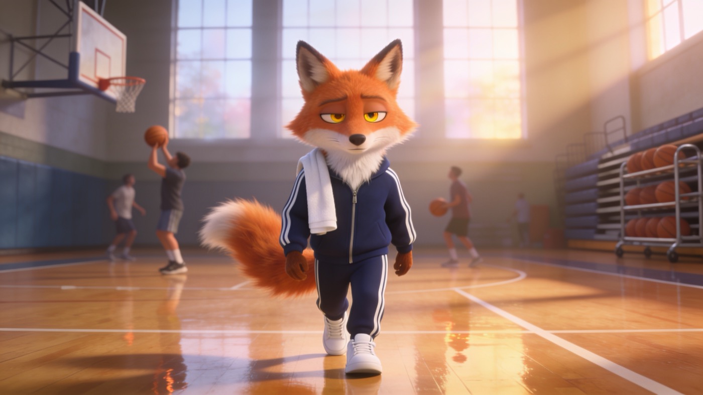 A slimmer fox with a long muzzle and a long tail in a navy tracksuit on a basketball court