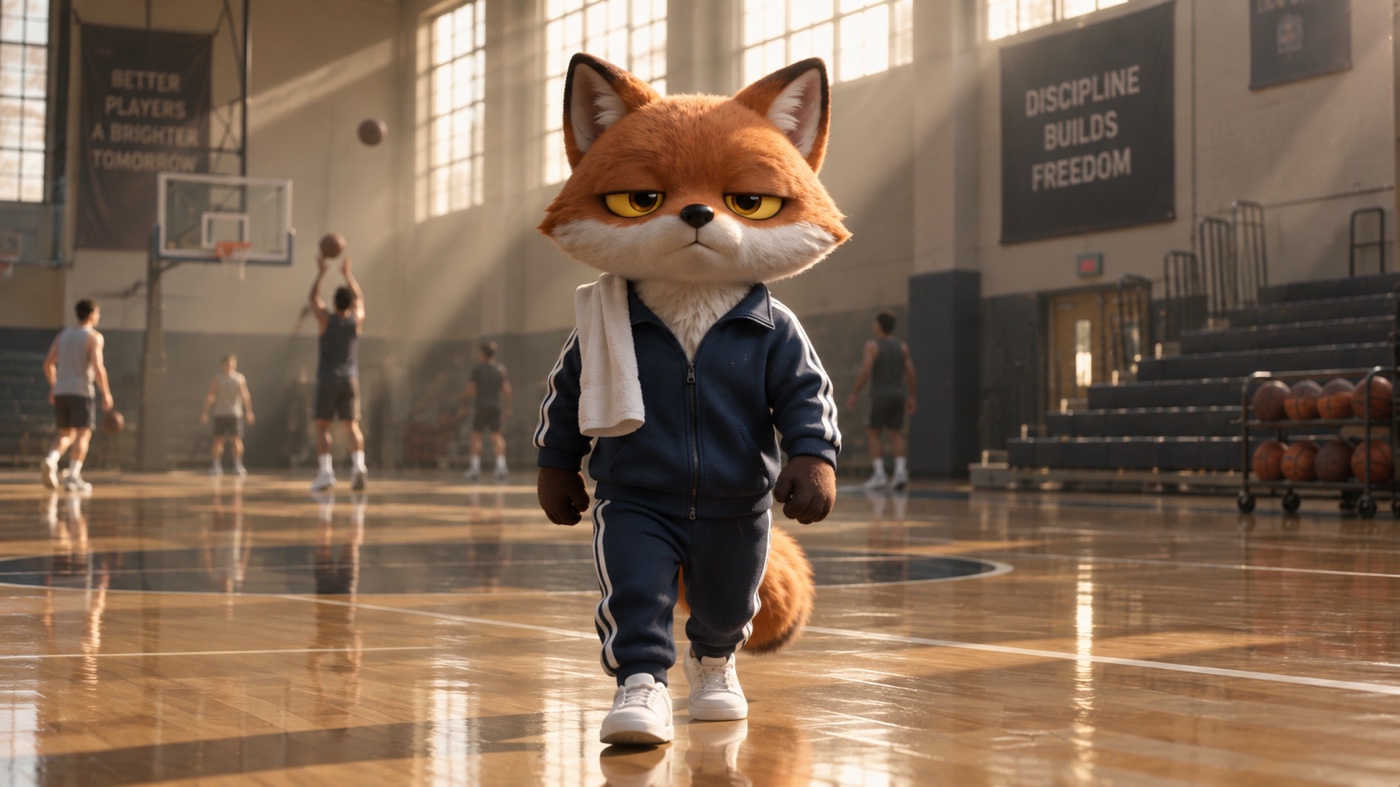 Paul's grumpy fox, round head and short muzzle, in a navy tracksuit on a basketball court