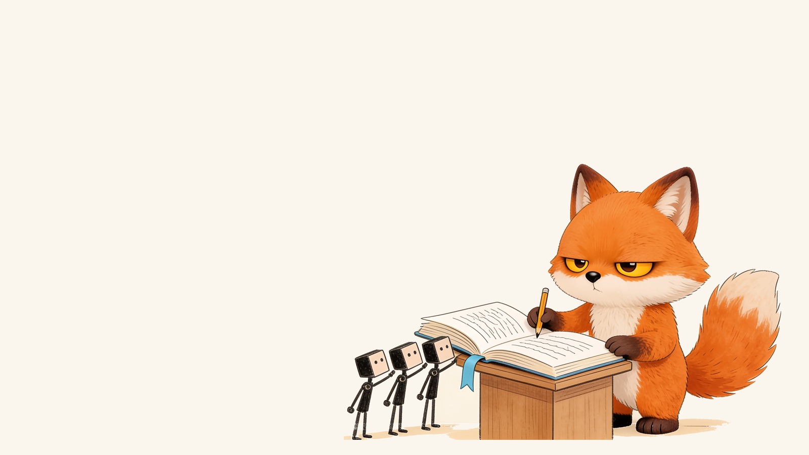 The grumpy fox writing in a big open book while three small robots queue to read it