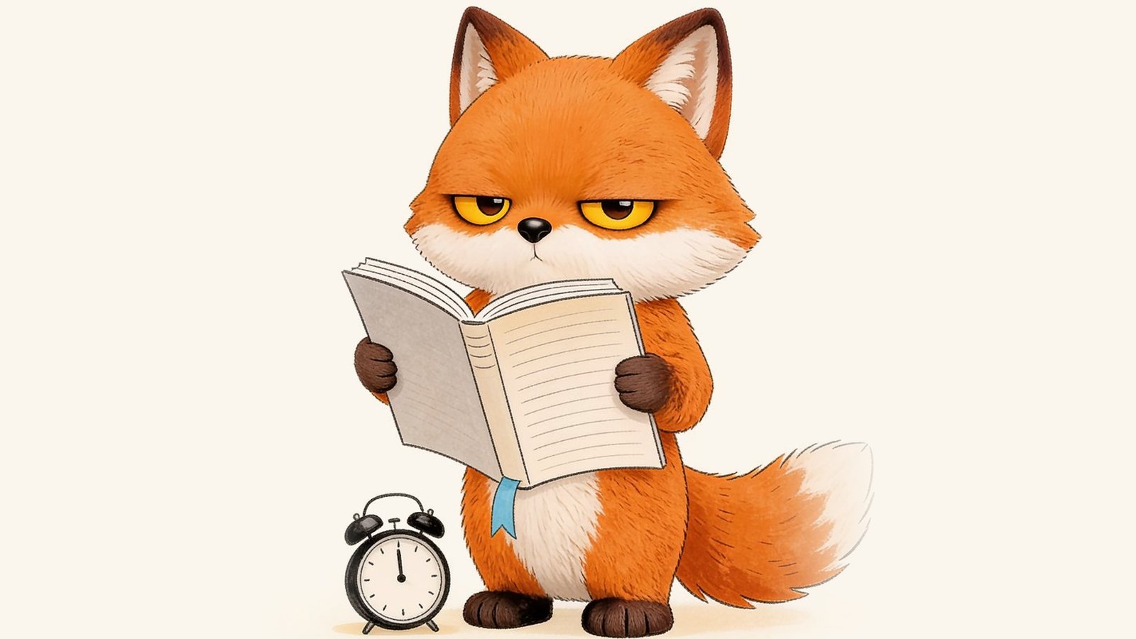 The grumpy fox reading a notebook beside an alarm clock