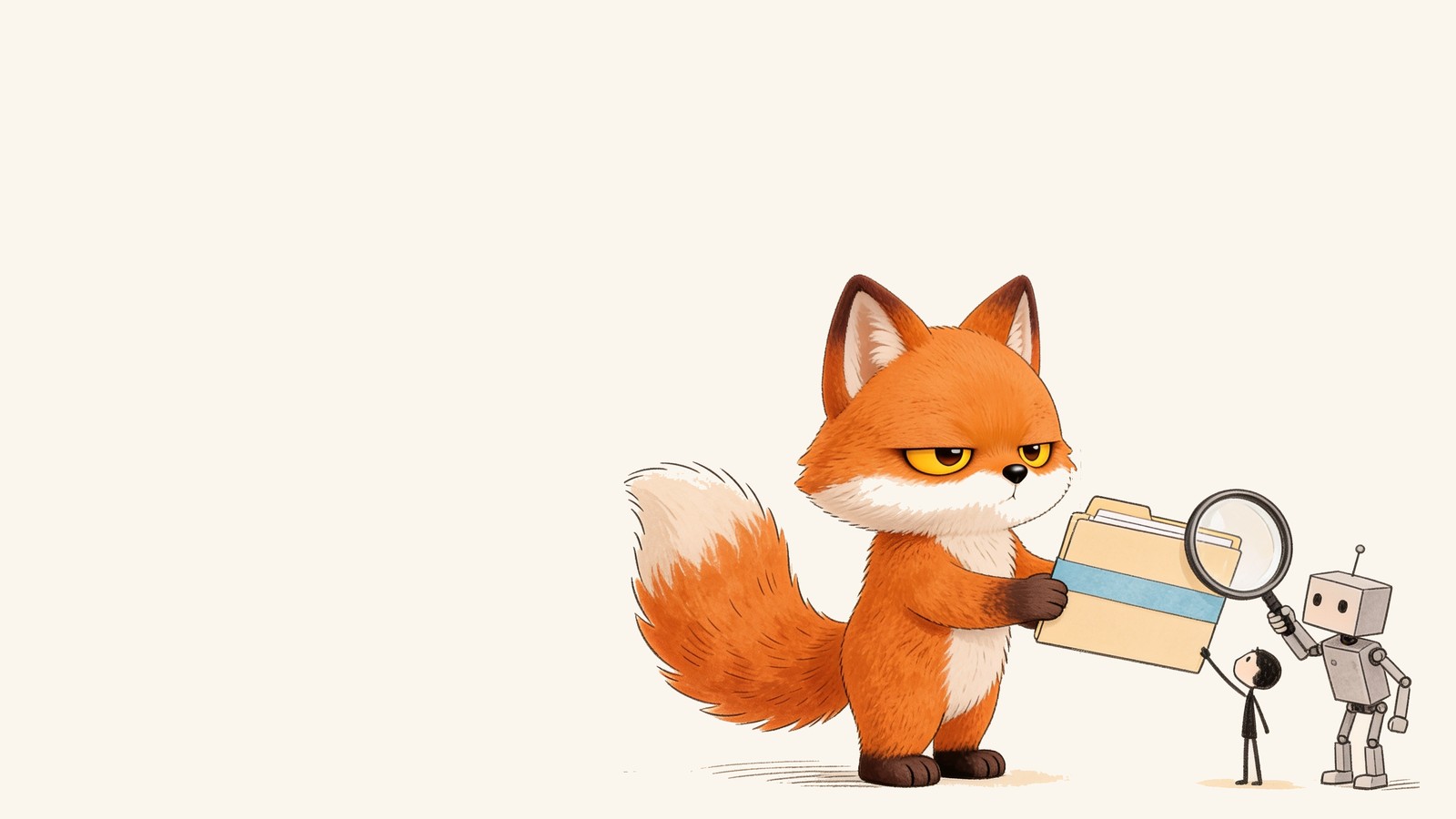 A pencil drawing of a grumpy fox handing a folder to a small stick figure while a little robot checks it with a magnifying glass