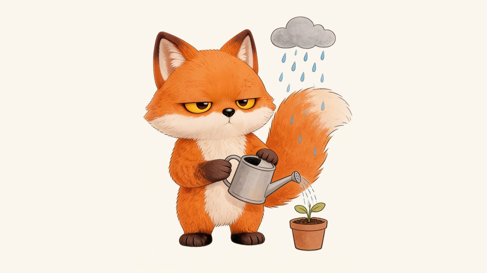 The grumpy fox watering a plant that the rain is already watering