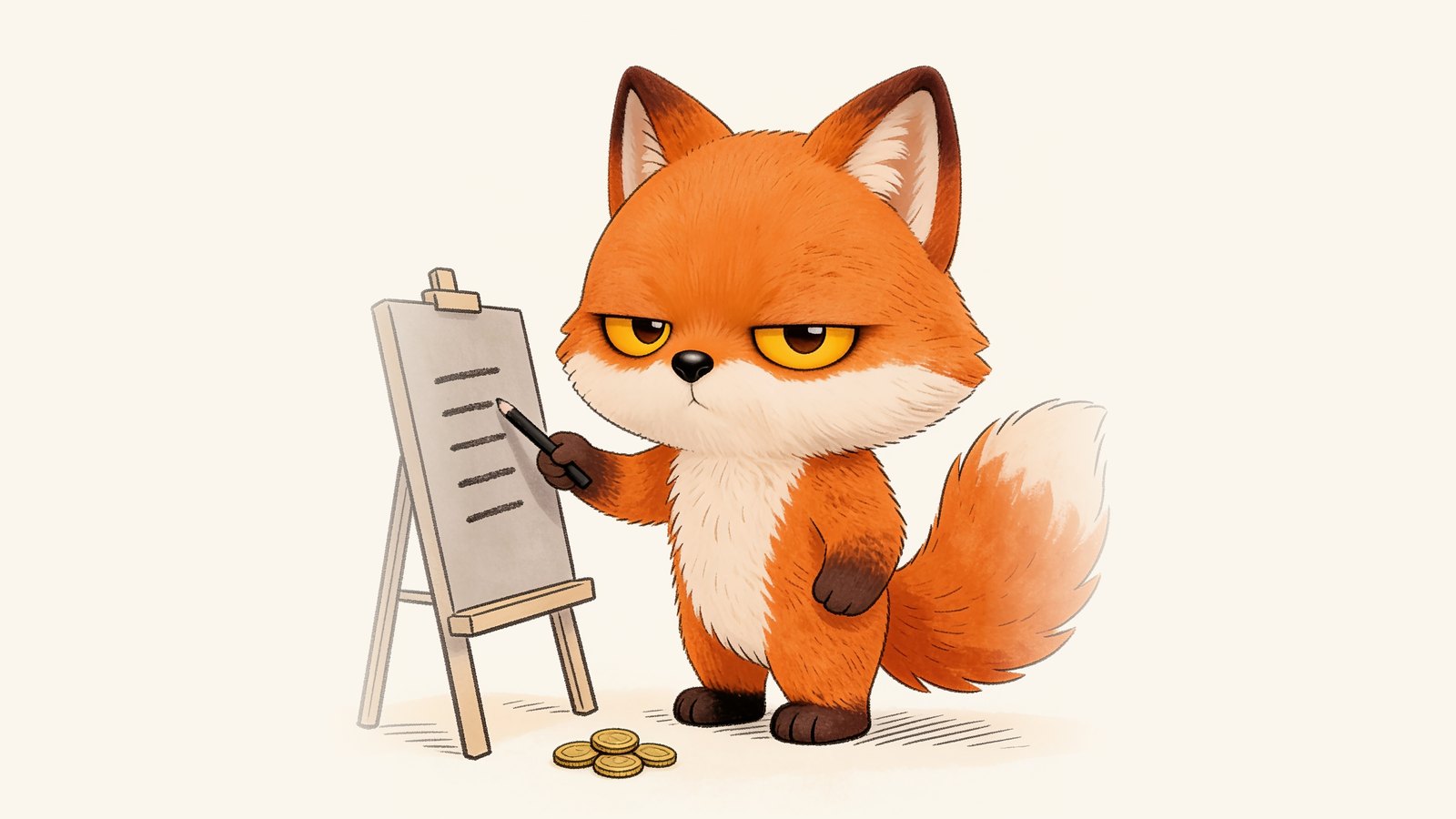 The grumpy fox writing on an easel, with a few coins at his feet