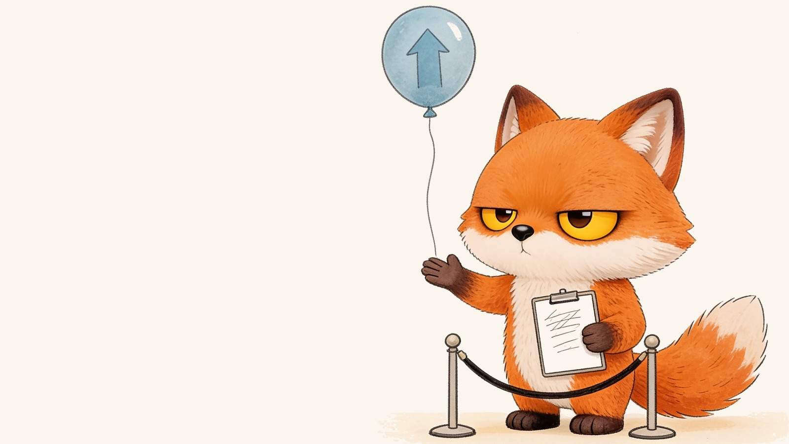 The grumpy fox stands as a doorman at a velvet rope, holding a clipboard, with one paw raised to stop a balloon with an upward arrow on it.