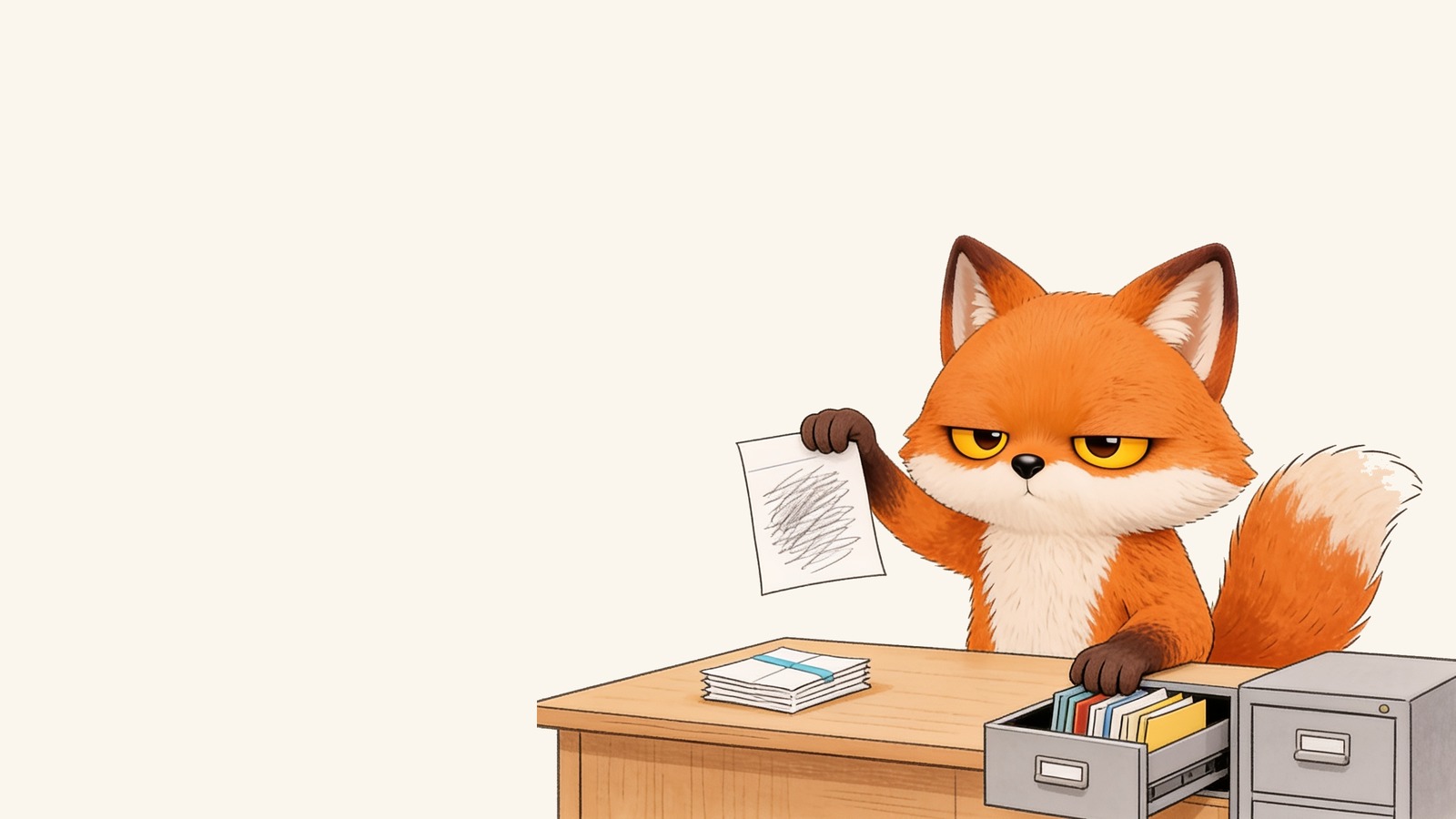 The grumpy orange fox sits at a wooden desk holding up one sheet of scribbled notes, with a banded stack of papers beside him and his other paw on an open filing cabinet drawer.