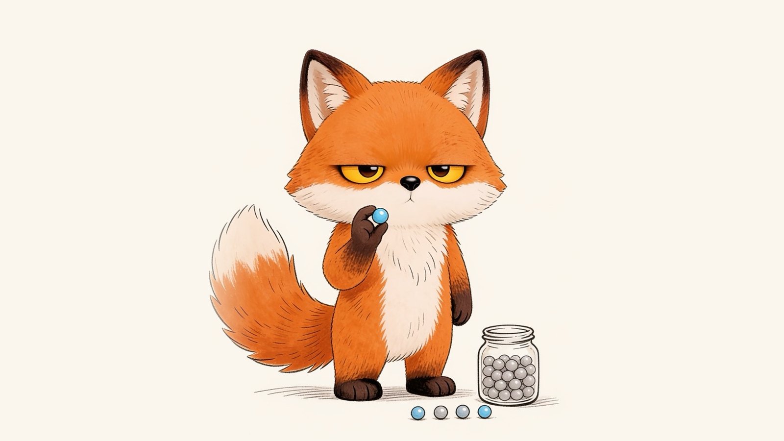 The grumpy fox holding up one blue marble beside a jar of grey ones