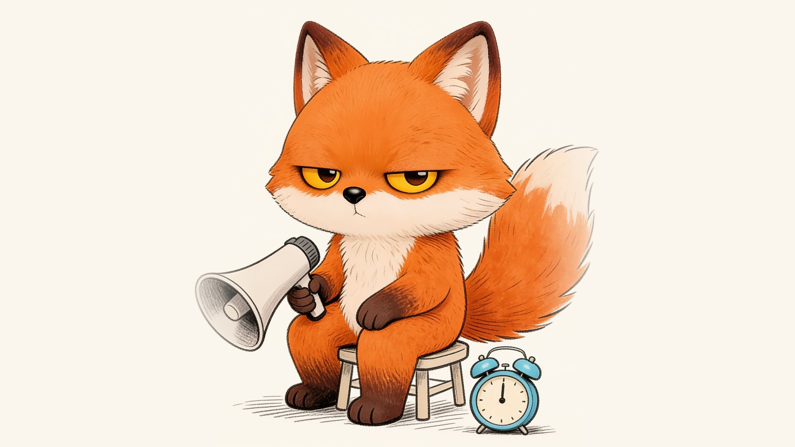 The grumpy fox on a stool with a megaphone and an alarm clock