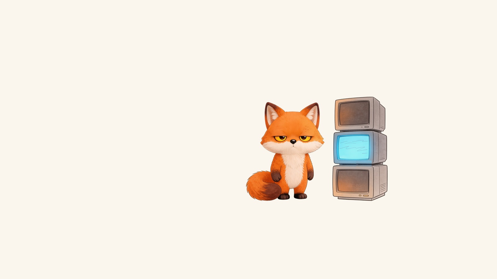 The grumpy fox stands beside a stack of three old computer monitors. The top and bottom screens are dead and the middle one glows sky blue.