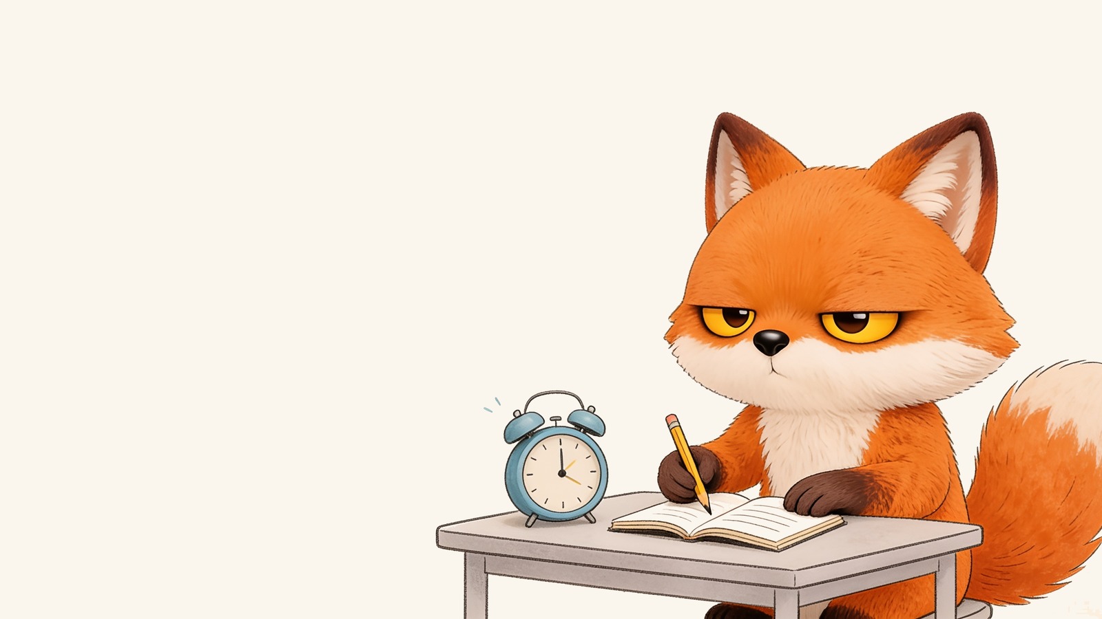 The grumpy fox writing in a notebook at a desk beside an alarm clock