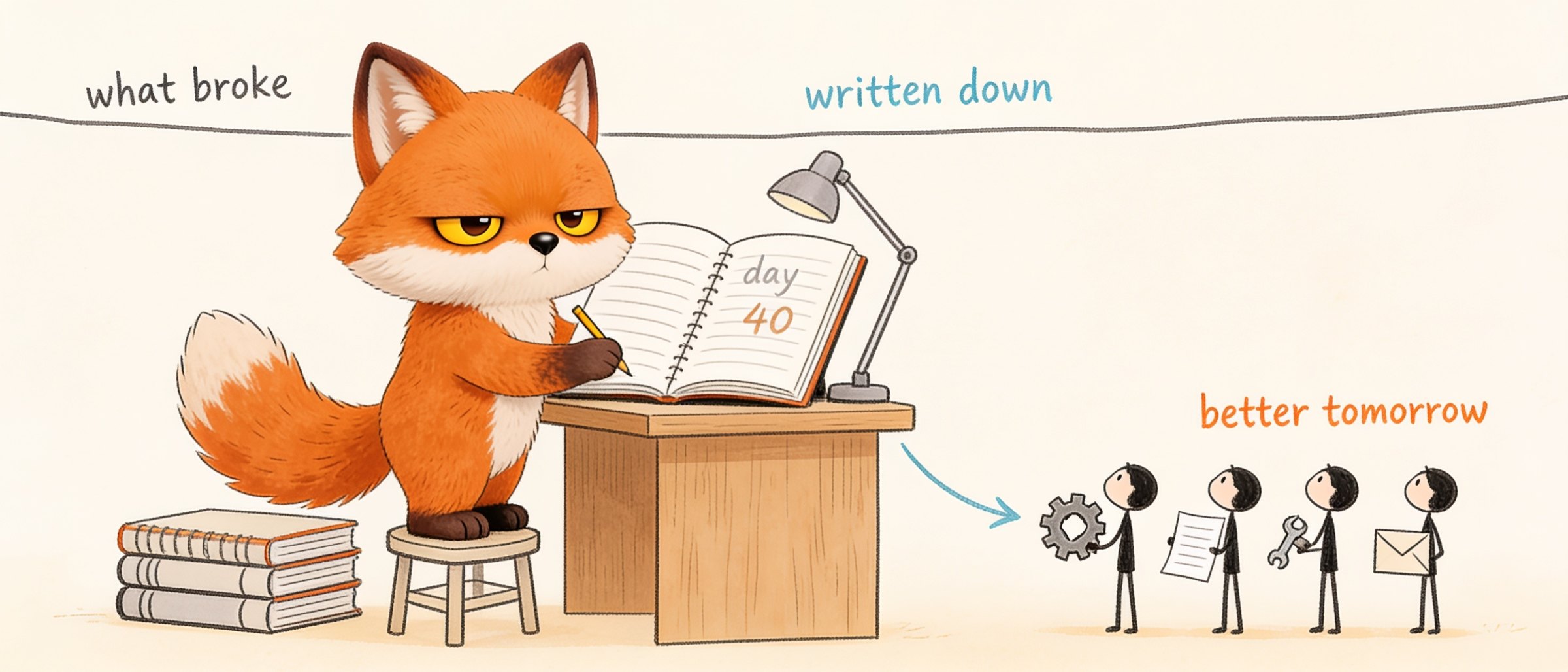 The fox at a desk writing in a big diary, day 40, while four small figures wait to tell him what broke