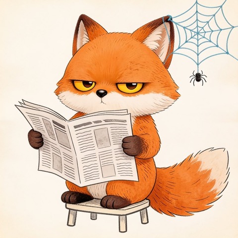 The grumpy fox reading a newspaper under a cobweb