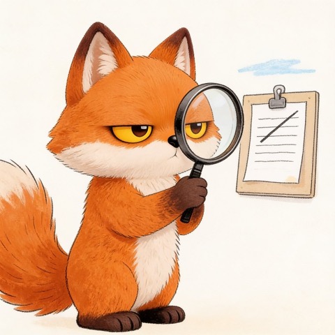 The grumpy fox looking through a magnifying glass at a corrected list
