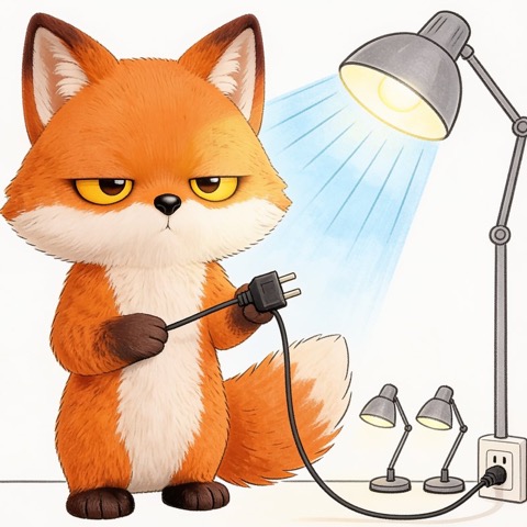 The grumpy fox holding the plug of the brightest of three lamps