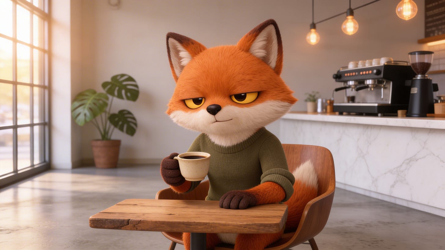 The grumpy fox drinking coffee in a cafe