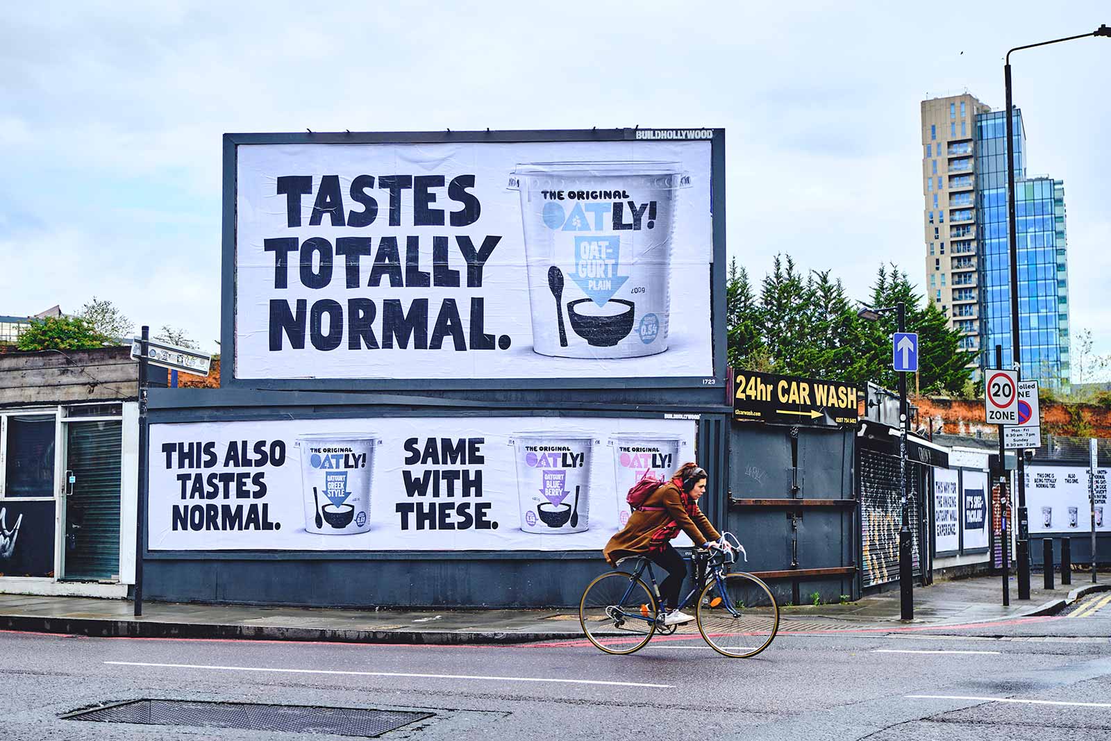 Oatly billboard copy written in its unmistakable voice