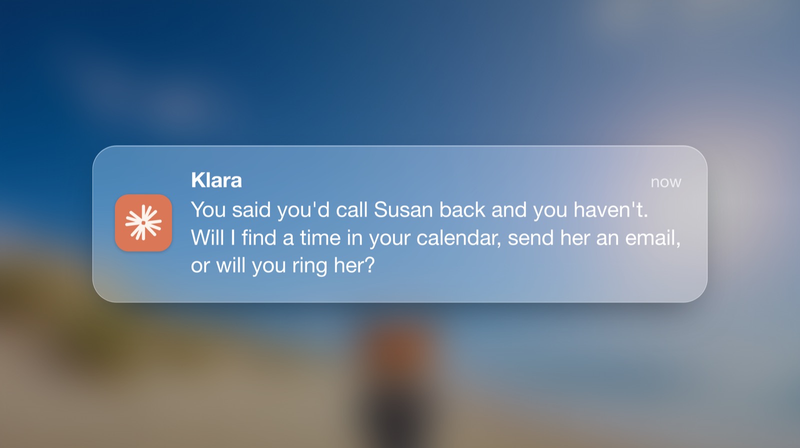 A phone notification from Klara, asking about a call that was promised and not made
