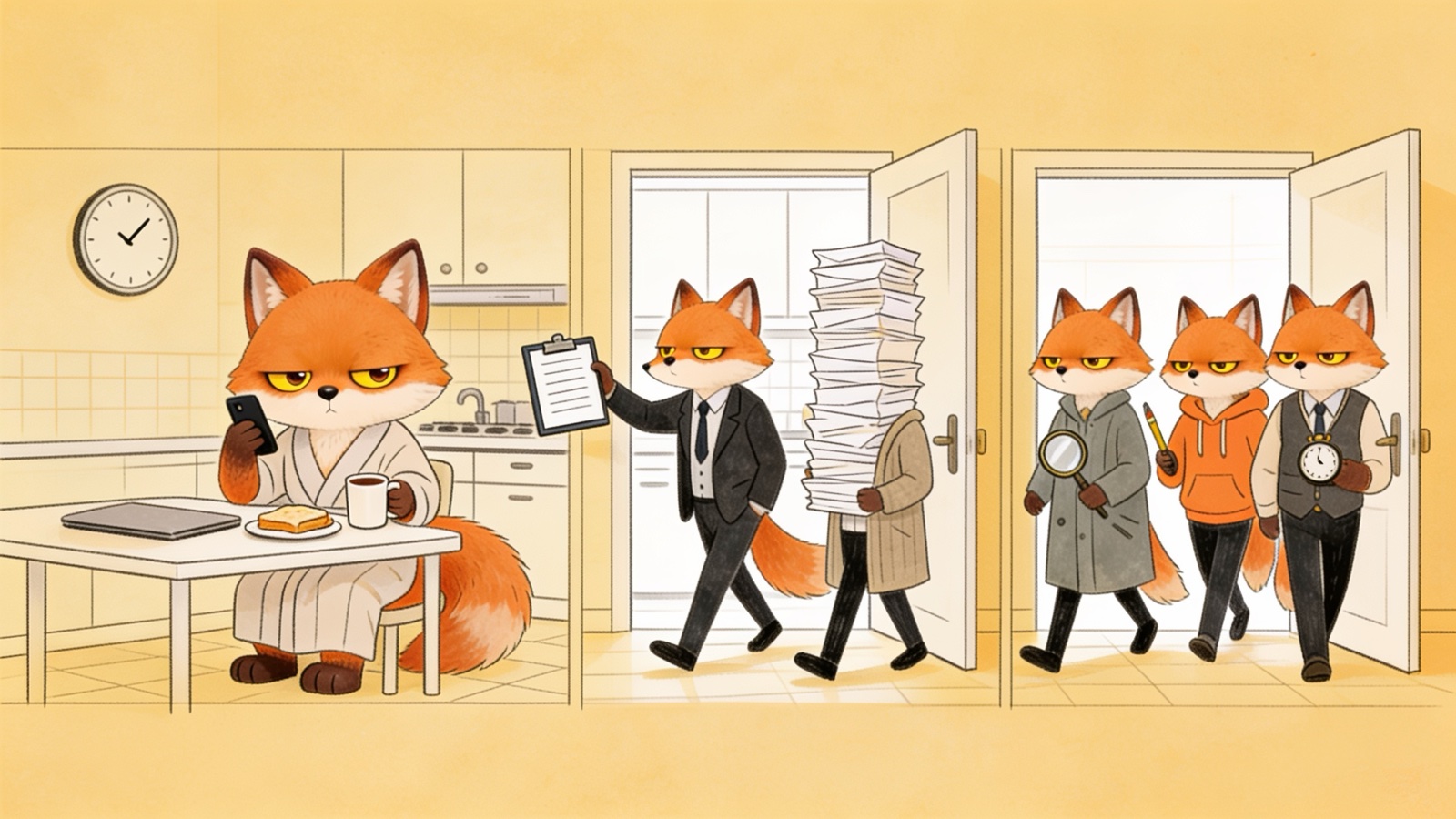 The grumpy fox at his kitchen table in a dressing gown, on his phone with the laptop shut, as five foxes walk in to start work