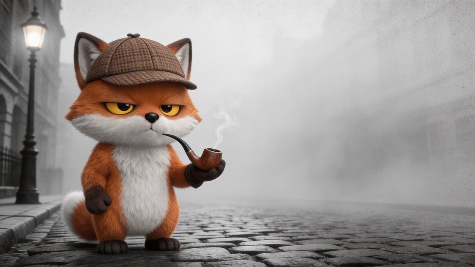 A fox in a deerstalker with a pipe, on a foggy cobbled street