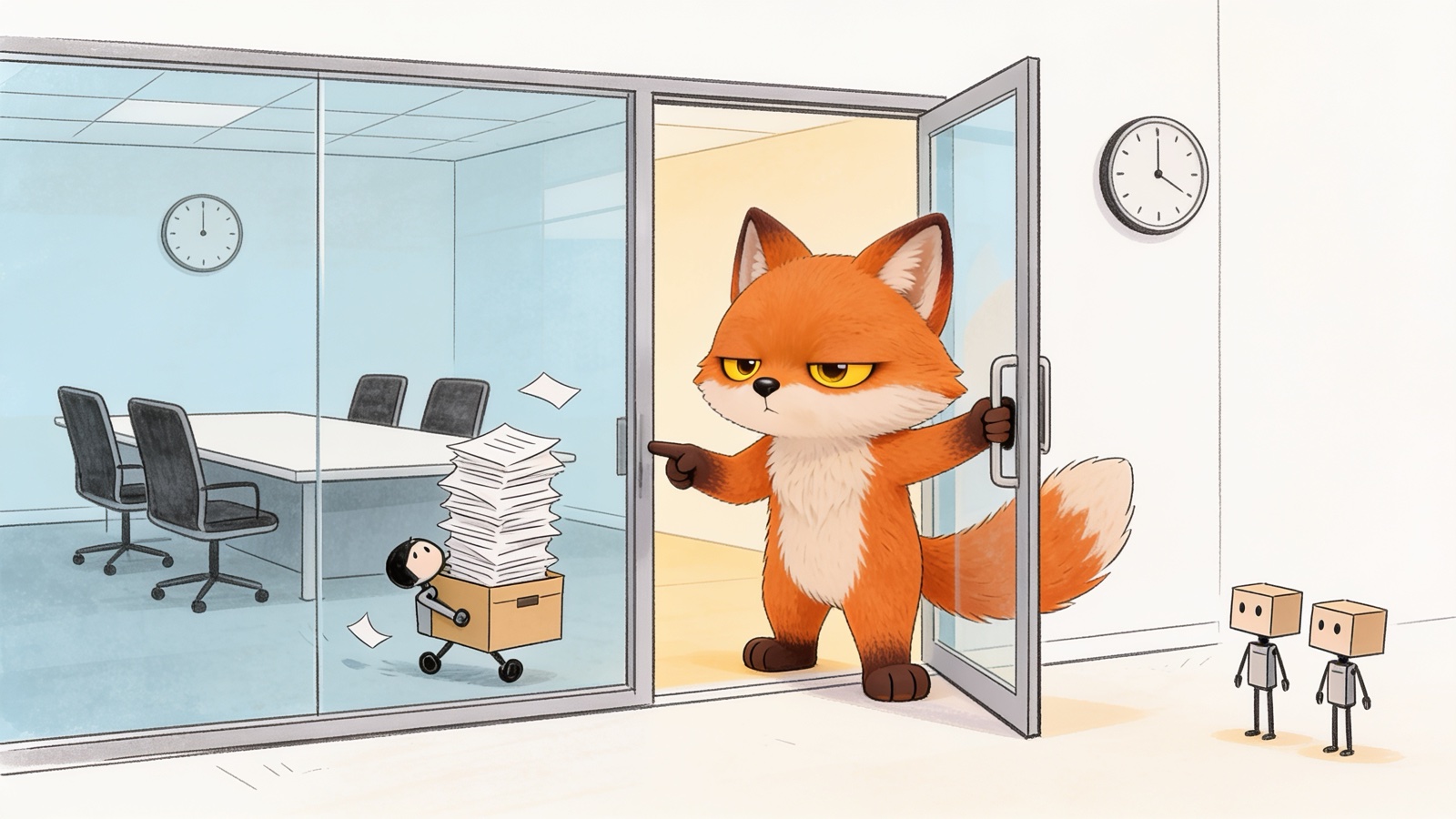 The grumpy fox holding a meeting room door open and pointing, as a small robot wheels a box of paper out