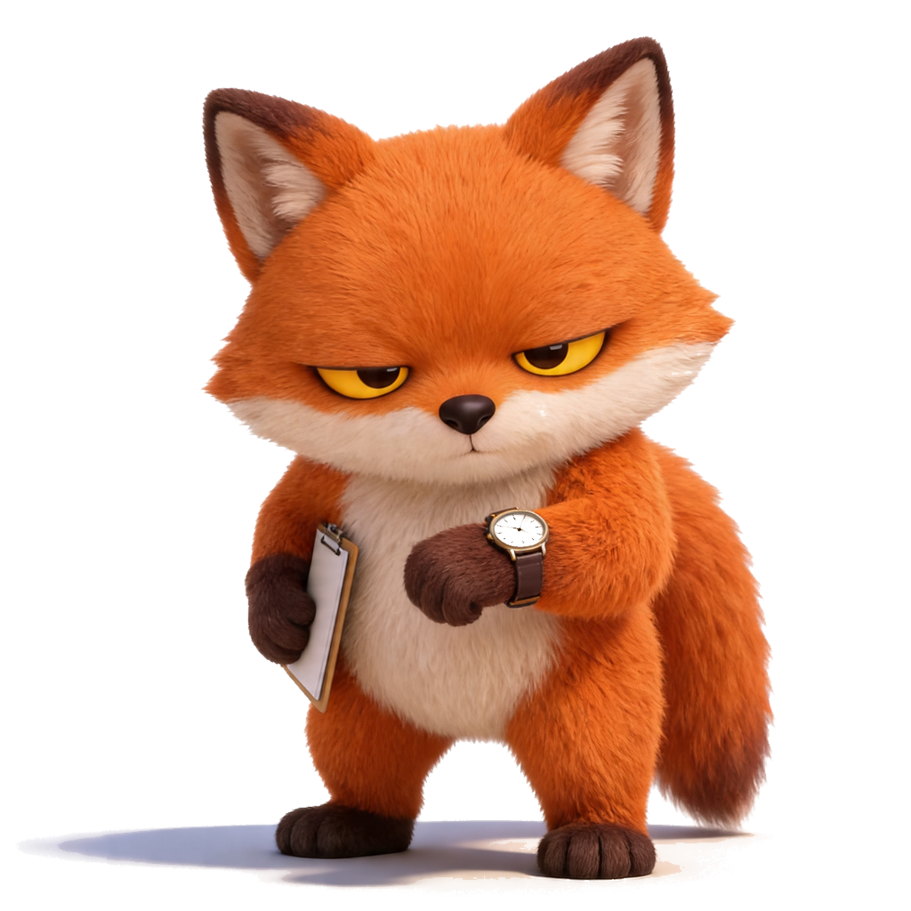 The grumpy fox checking his watch, clipboard in his other paw