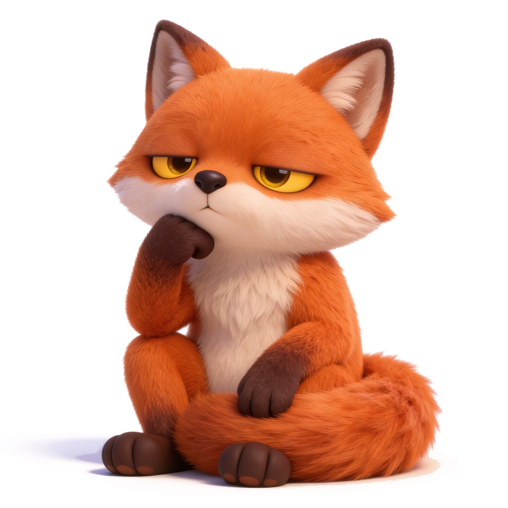 The reference picture of the fox, sat on a white background with a paw on his chin