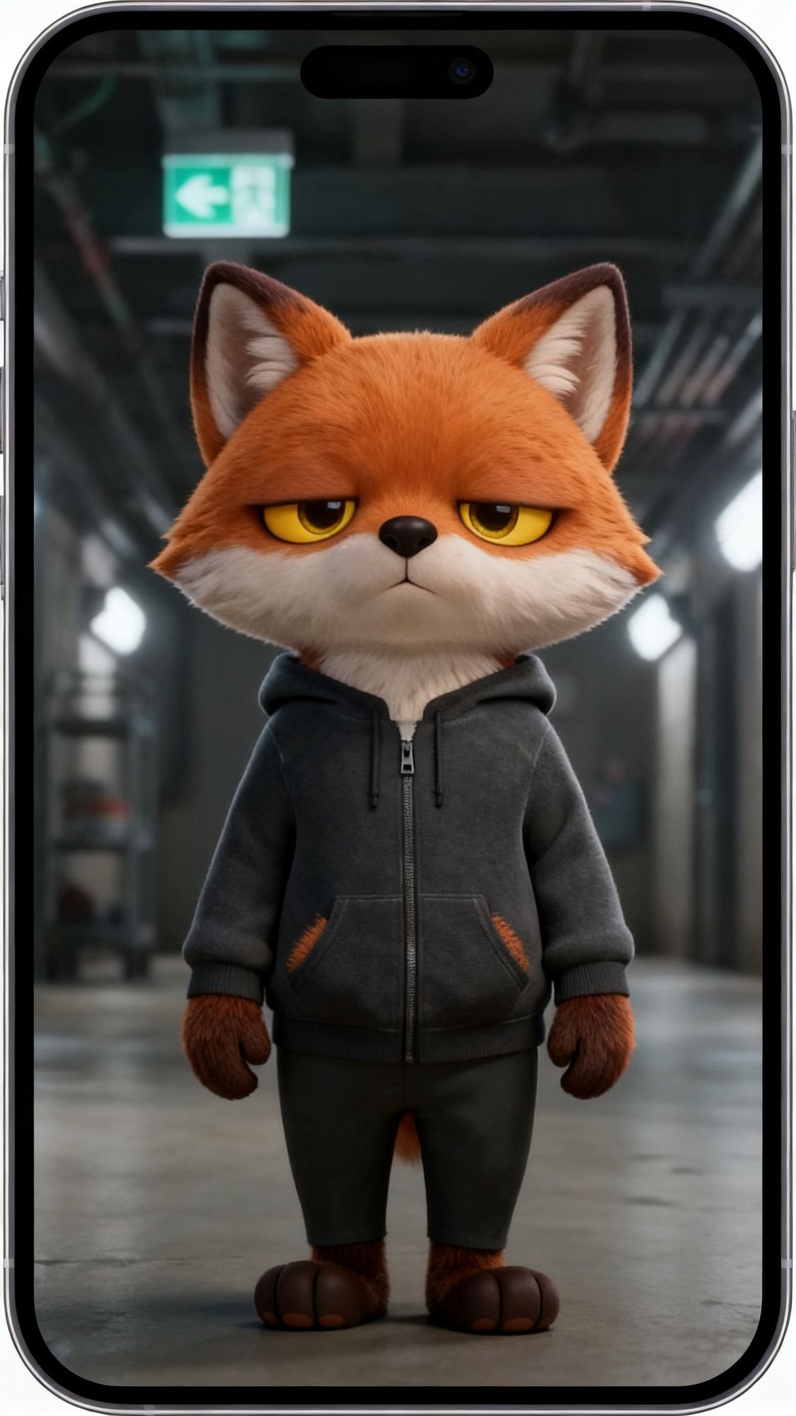 The same picture before the crop, with a phone drawn around the fox
