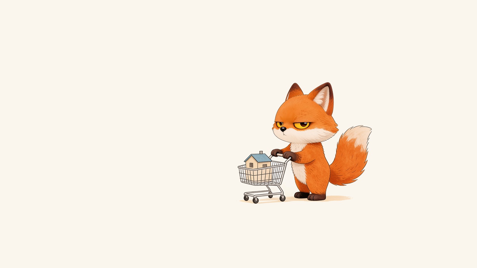 The grumpy fox pushing a small shopping trolley with a little house sitting in the basket