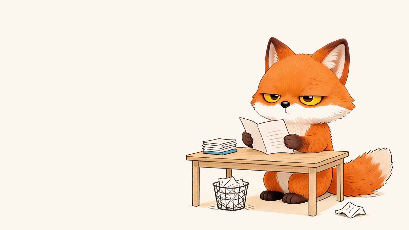 The grumpy fox alone at his desk reading one page, a neat stack he is keeping beside him and a bin with a crumpled page on the floor