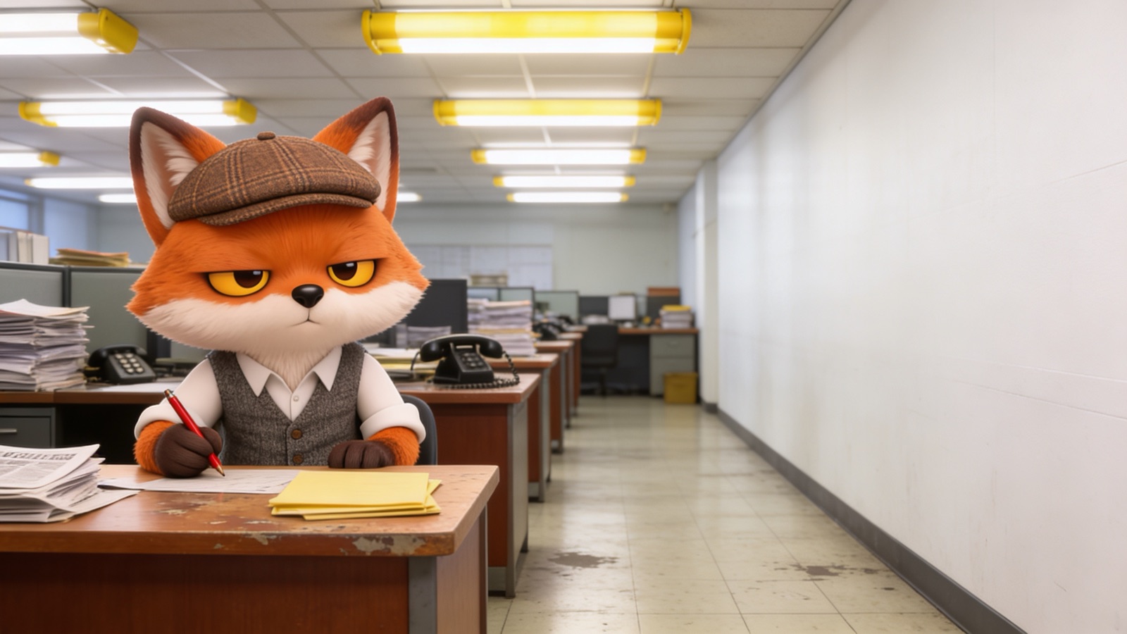 The grumpy fox in a flat cap and waistcoat, writing at his desk in a newsroom