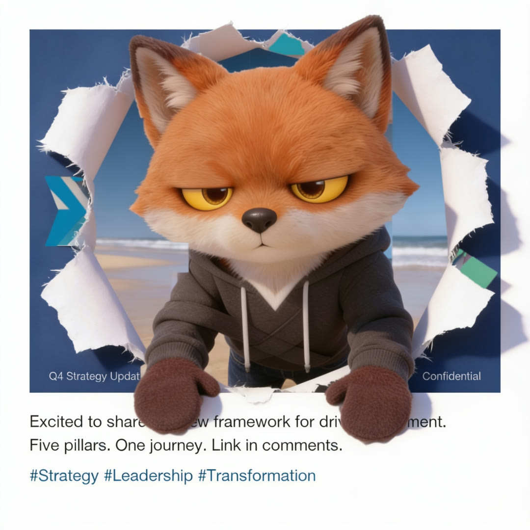 The last frame: the fox in his hoodie leans out of a torn hole in the slide, with a beach behind him and his mittens on the page.