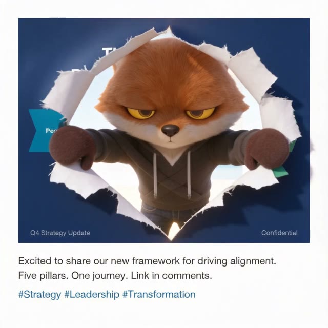 The fox pushes the torn slide apart with both mittens, staring at us with a flat expression.