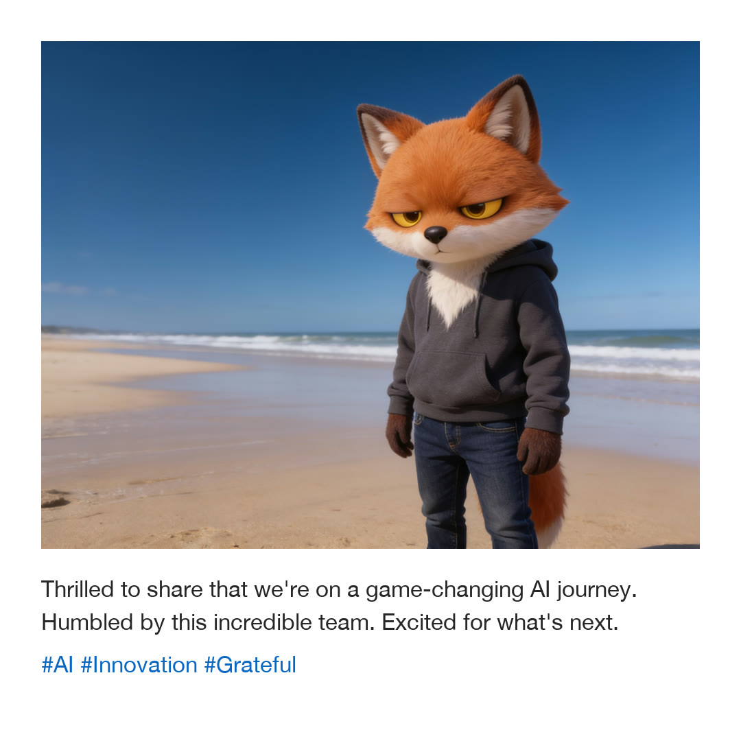 The first frame: the fox stands on a beach in a picture, looking down at a dull post about a game-changing AI journey.