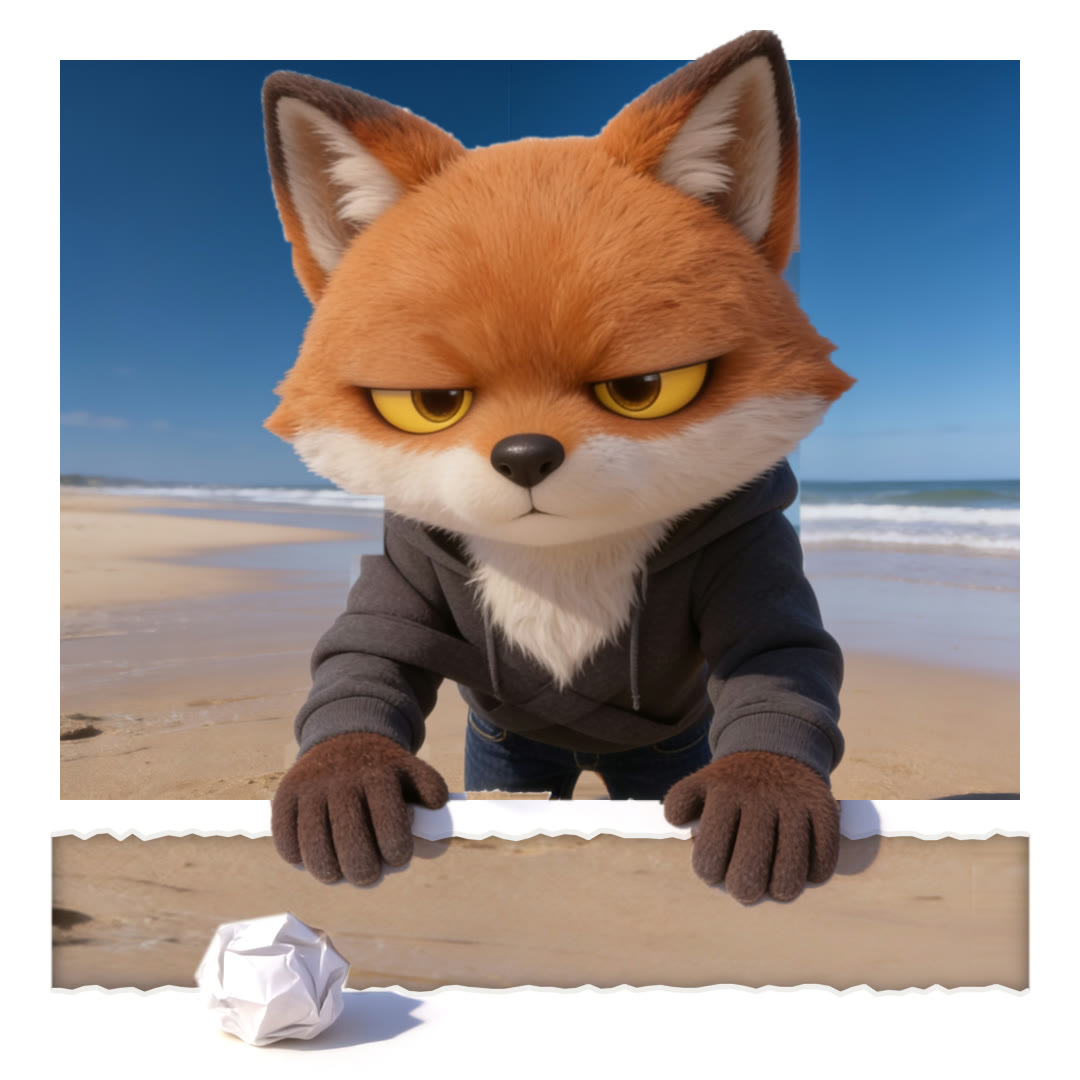 The last frame: the fox leans out of the picture with his paws on the page, the writing gone, sand showing through the tear and a ball of paper on it.