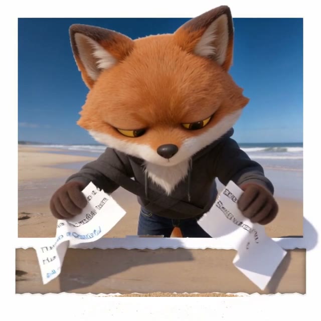 The fox holds two torn pieces of the post, with its words still on them, and sand shows through the page below.