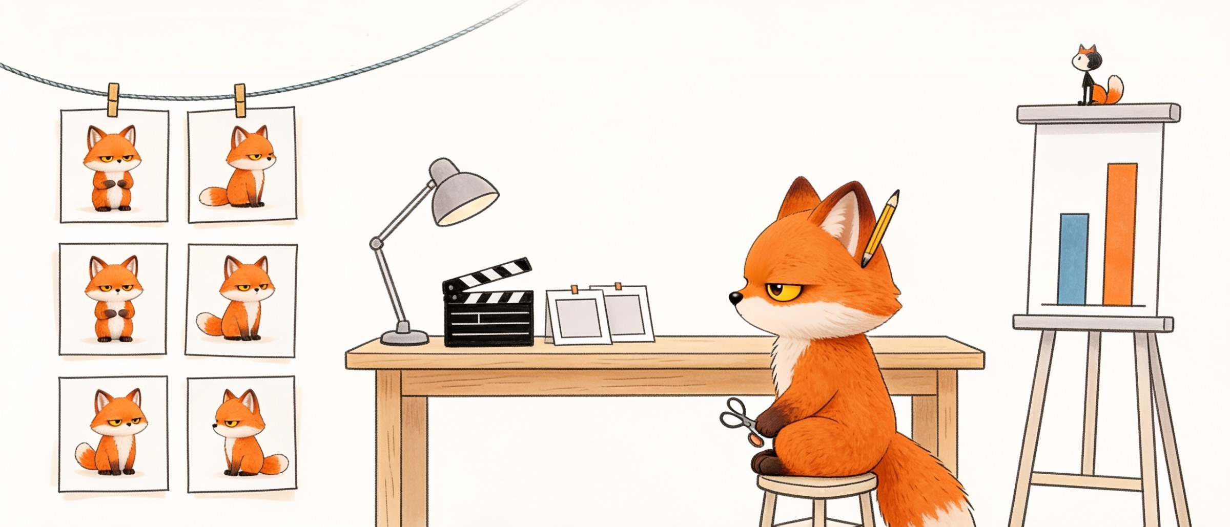 The fox sits at a wooden edit desk with a lamp, a clapperboard and scissors. Six small pictures of himself hang pegged on a string beside him, and a bar chart stands on an easel