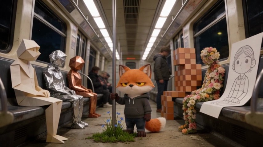 The last section: the fox in the aisle beside the small clump of blue flowers, with the paper, foil, copper, block and flower passengers on the seats and only a few real people behind them.