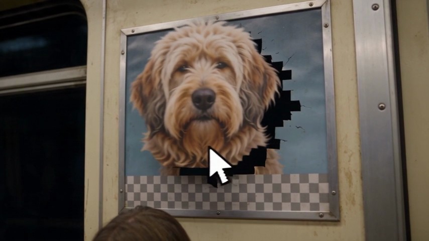 A white cursor lifts a shaggy dog's head out of a poster on a train wall, leaving a jagged black hole and a band of grey and white checks.