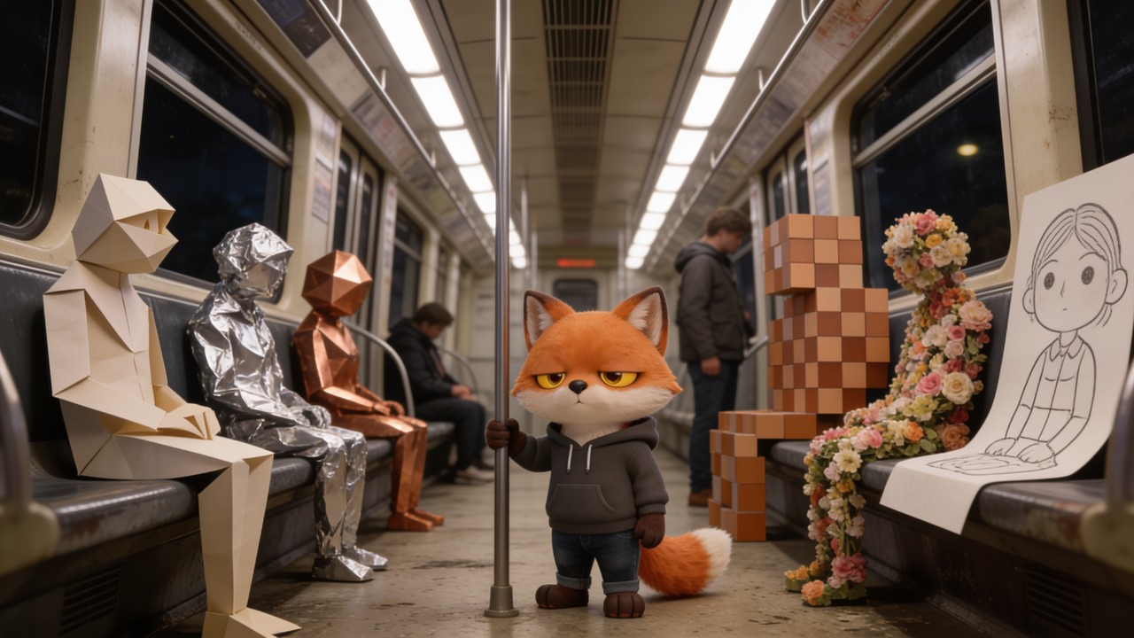 The test still: the fox stands in a train aisle holding a pole, between passengers made of folded paper, silver foil, copper, orange blocks and flowers, with an ink drawing on a sheet of paper.