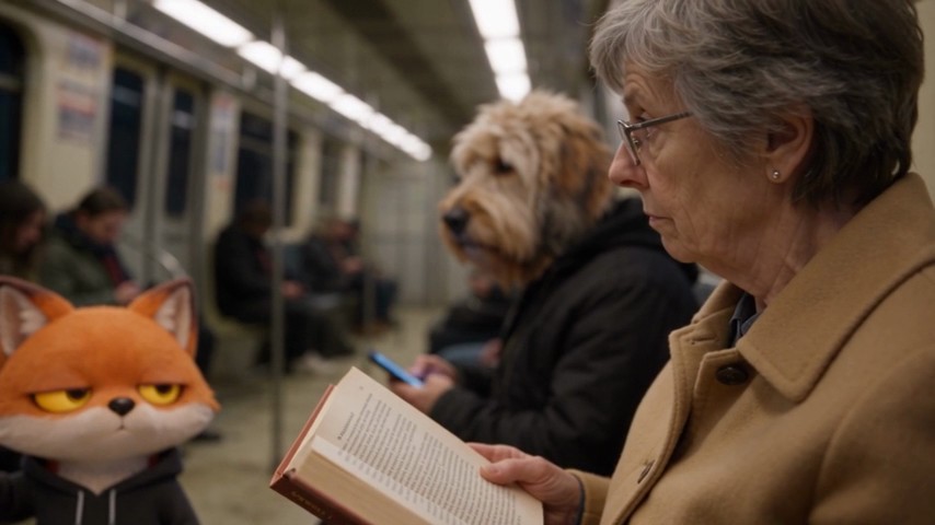 A close view of a realistic older woman with grey hair and glasses reading a book in a tan coat, with the fox's head at the bottom left and the passenger with the dog's head behind her.