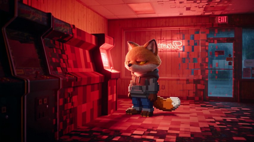 Halfway through the change: the fox is still furry from the waist up, with the cabinets, carpet and far wall of the arcade breaking into red blocks around him.