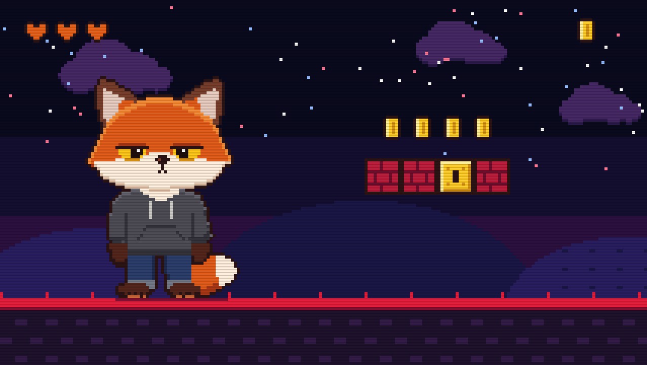 The game level drawn in code: the chunky fox in his hoodie and jeans on a glowing red ground, under a night sky with stars, with hearts, coins and a row of red bricks with one gold block.