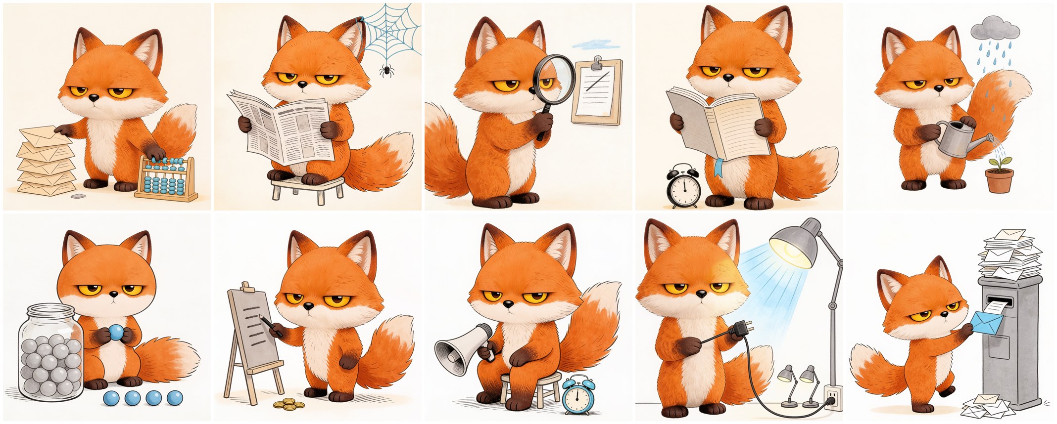 Ten drawings of the grumpy fox on warm paper. He counts envelopes on an abacus, reads a newspaper under a cobweb, looks through a magnifying glass, reads a book, waters a plant, holds a marble, writes on an easel, sits with a megaphone, holds a plug under a lamp and posts a letter.