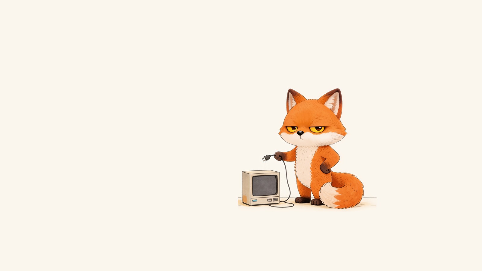 The grumpy fox holding the plug he has just pulled out of a small switched-off television