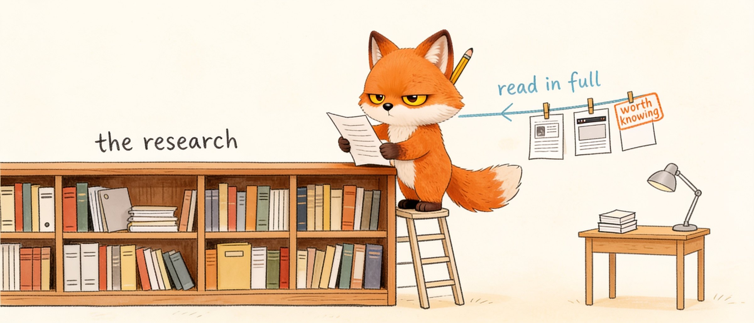The fox on a stepladder at a long bookshelf, reading one report, with three notes pegged on a line beside him and the last one stamped worth knowing