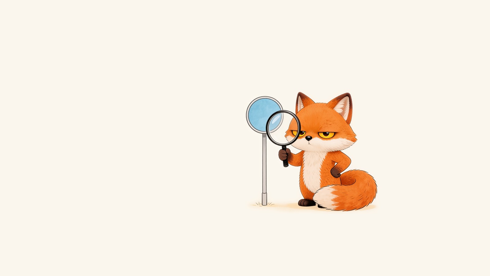 The grumpy fox holding a magnifying glass up to a small blank sky blue round sign
