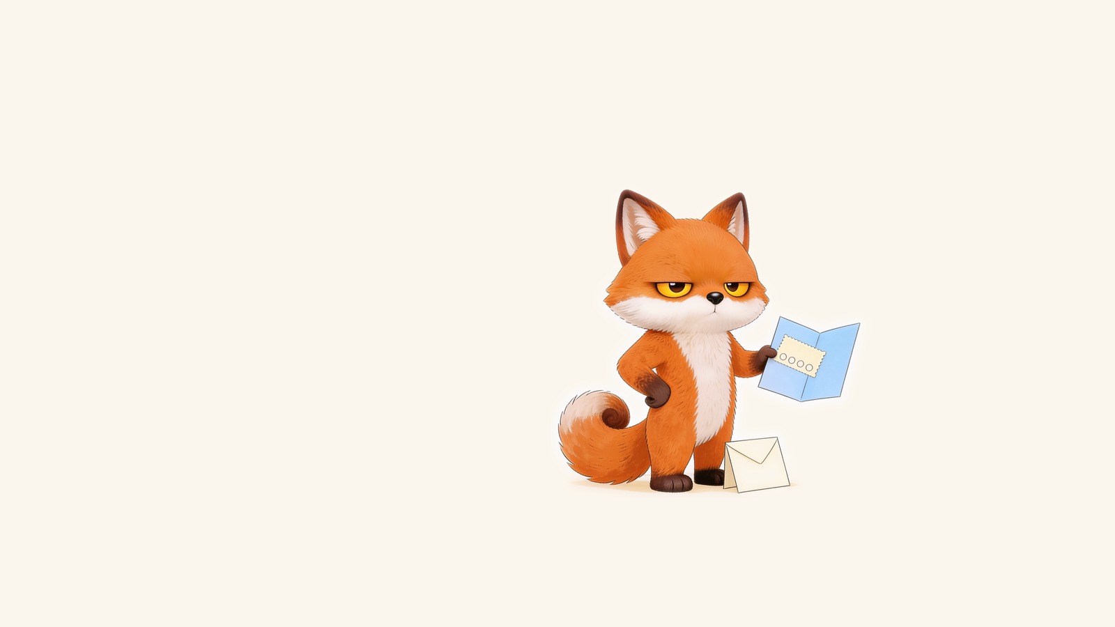 The grumpy fox holding a sky blue greeting card with a ticket tucked inside it